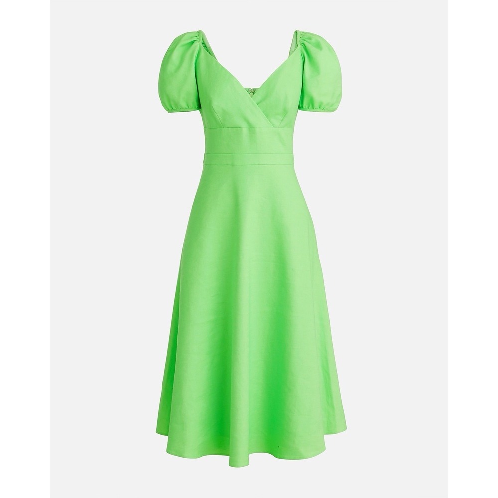 NWT J Crew Puff Sleeve Linen Blend Midi Dress Green Sz 18 Cottage Prairie Preppy